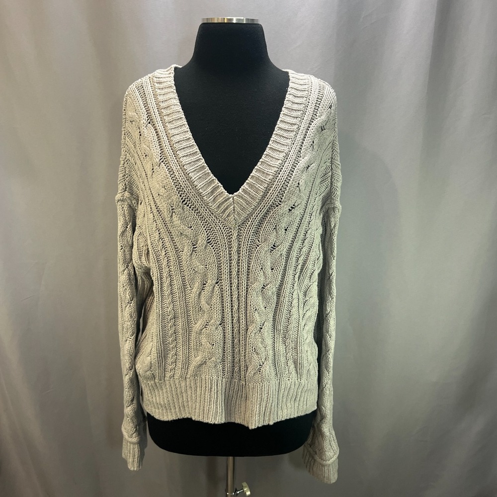 Aeropostale Pullover Sweater Womens Medium Gray Cotton Cable Knit Ribbed Trim